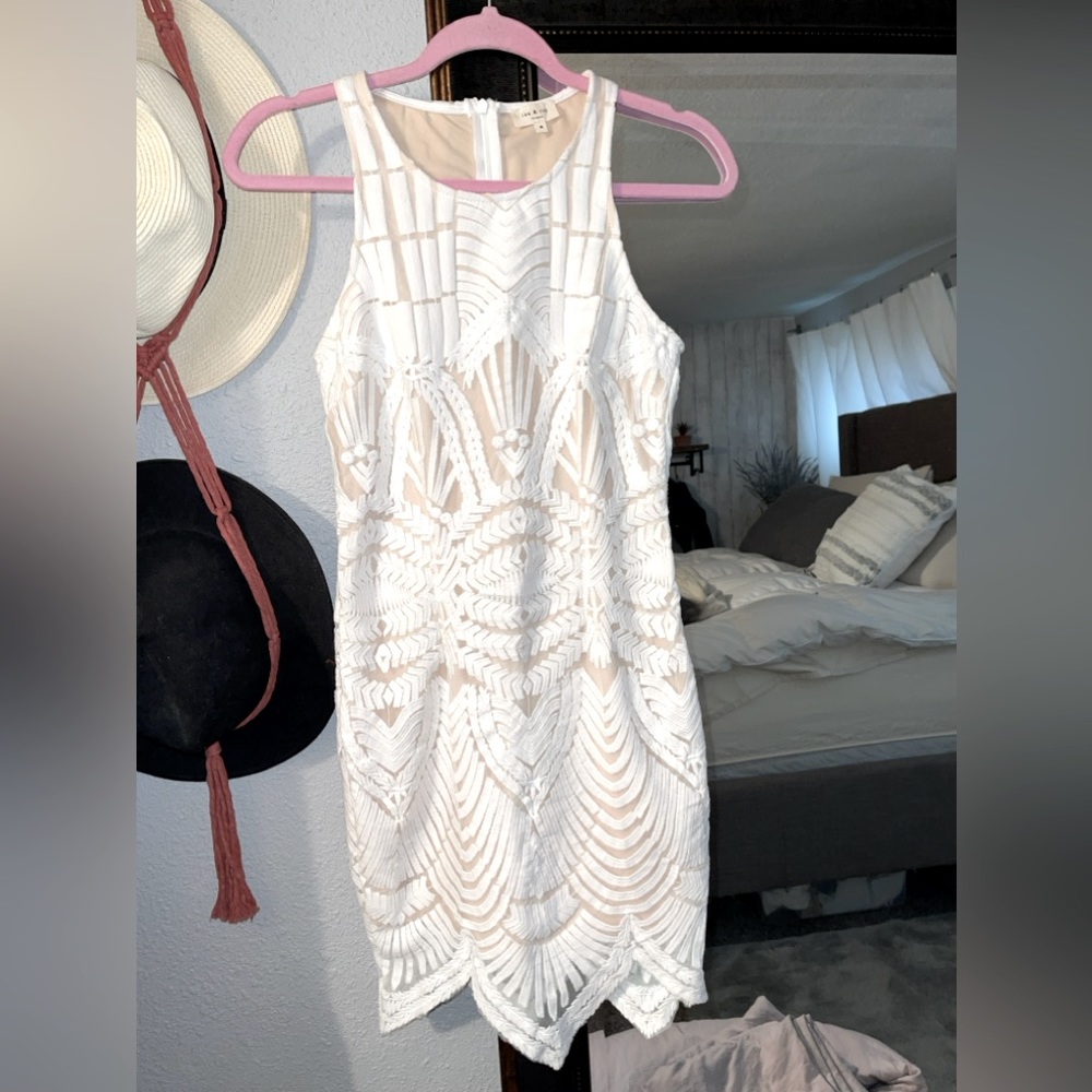 White nude mesh fitted dress